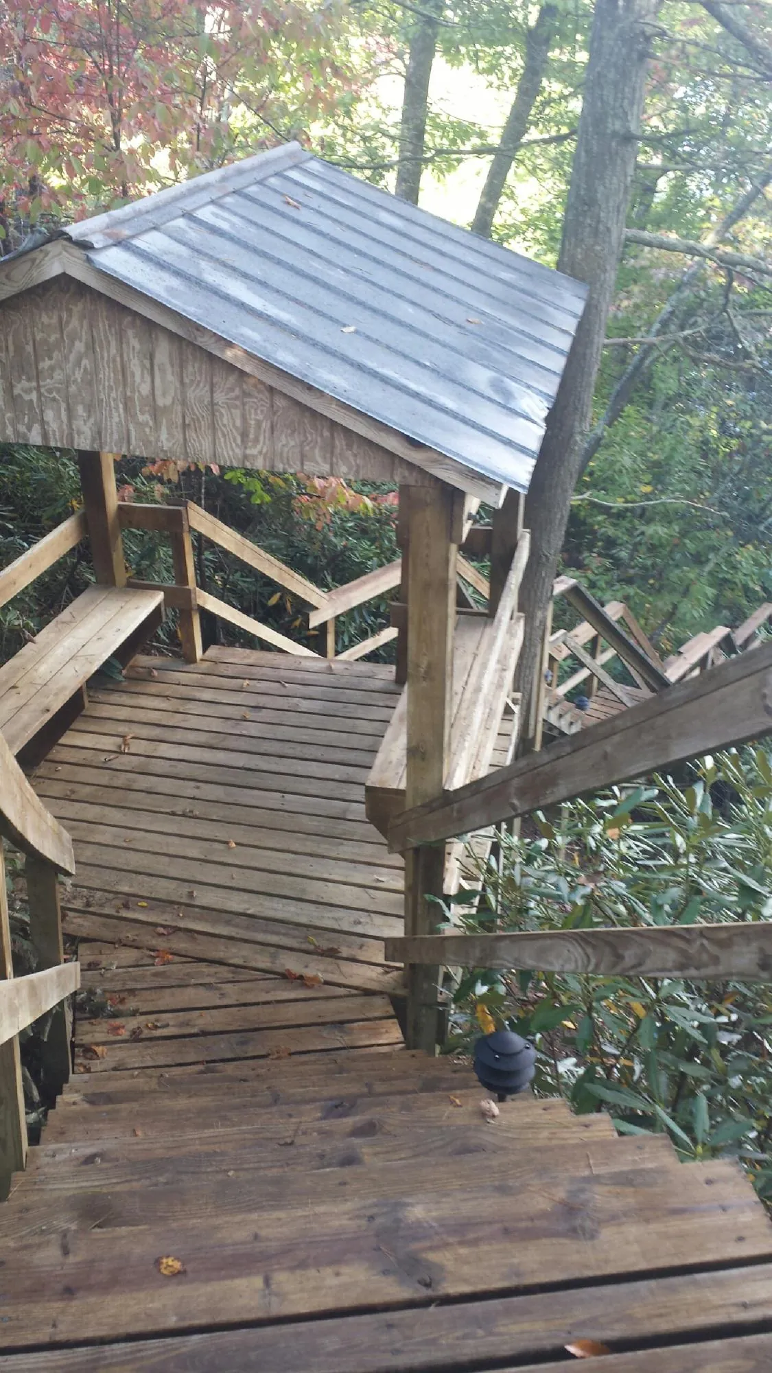 Metal roofed shelter over wooden steps on a wooded walkway — Skylight Repair & Installation work by our crew in Woodberry Forest